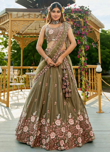 Floral Thread Embroidered Satin Olive Green Lehenga Choli With Dupatta